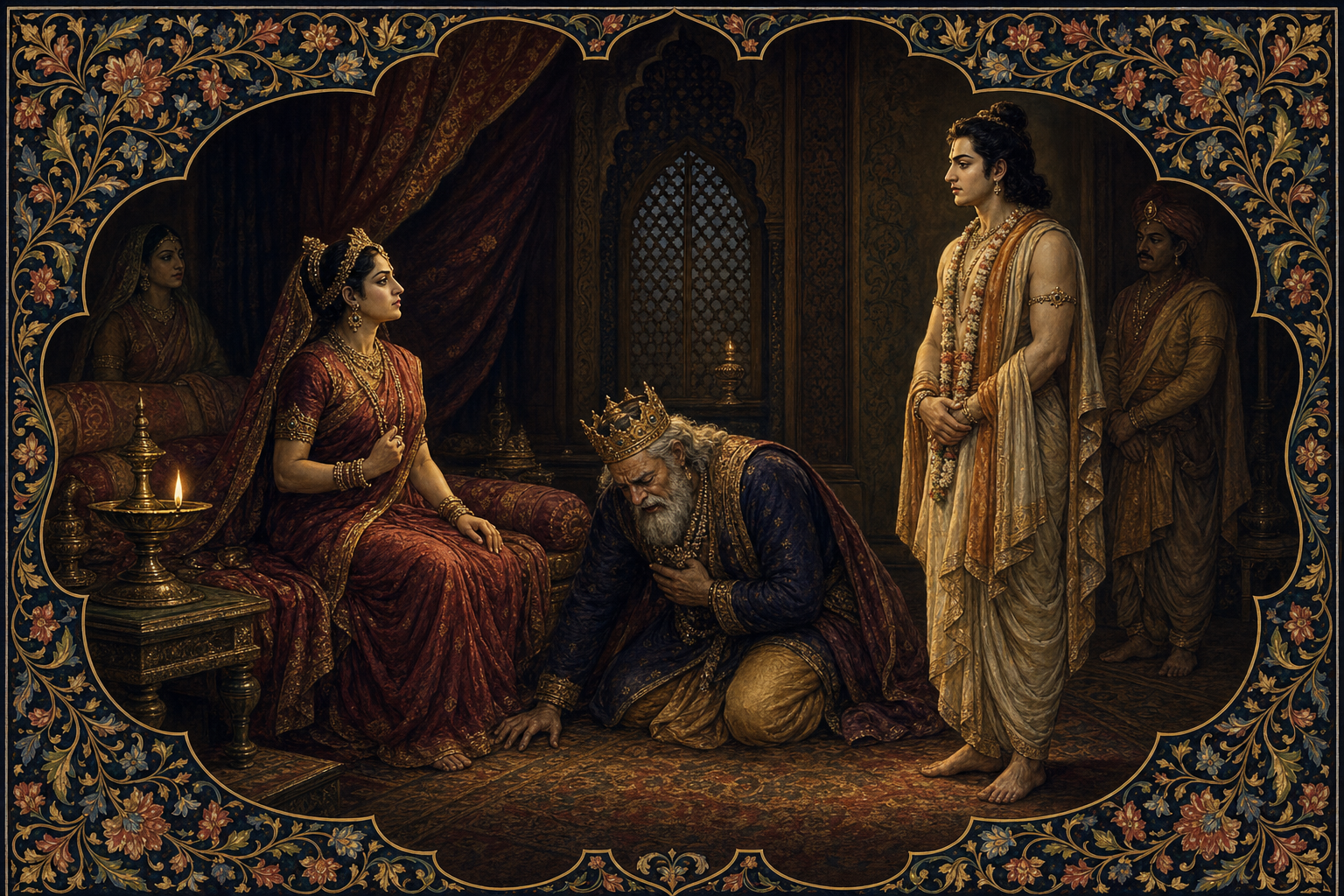 Kaikeyi sits resolutely while an anguished Dasharatha faces a composed Rama in a royal chamber.