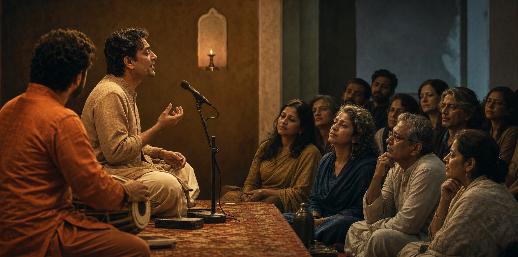 A classical vocalist and accompanist perform for a small audience whose attentive expressions show a range of emotional responses.