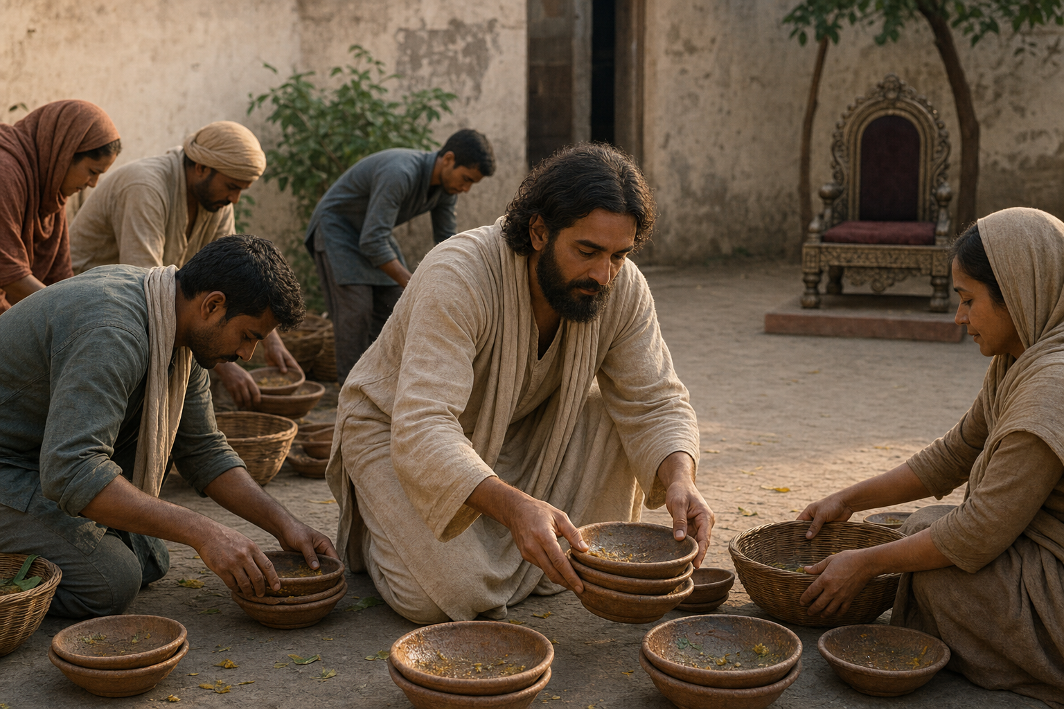 A plainly dressed teacher and several villagers kneel together to collect clay bowls while an ornate seat stands empty behind them.