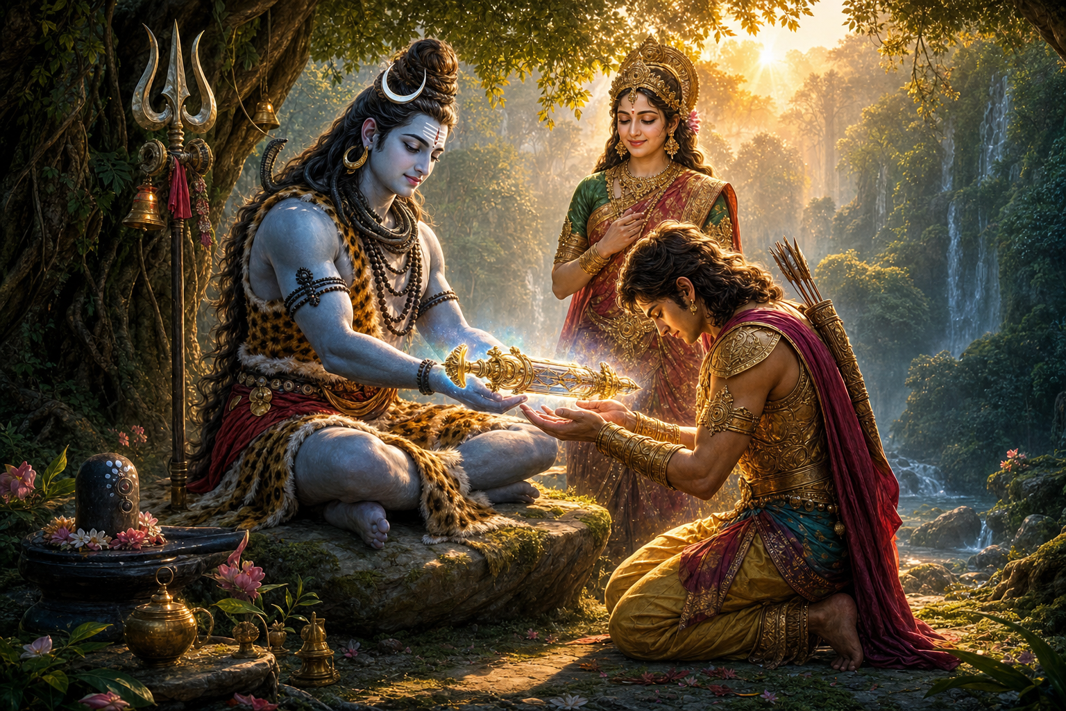 Shiva presents the radiant Pashupatastra to a kneeling Arjuna as Parvati looks on in a forest clearing.