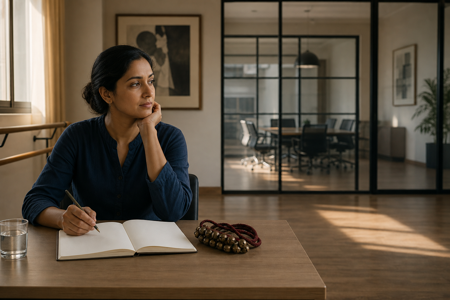 An adult practitioner reflects beside ankle bells and a blank notebook, with a modern meeting room visible in the background.