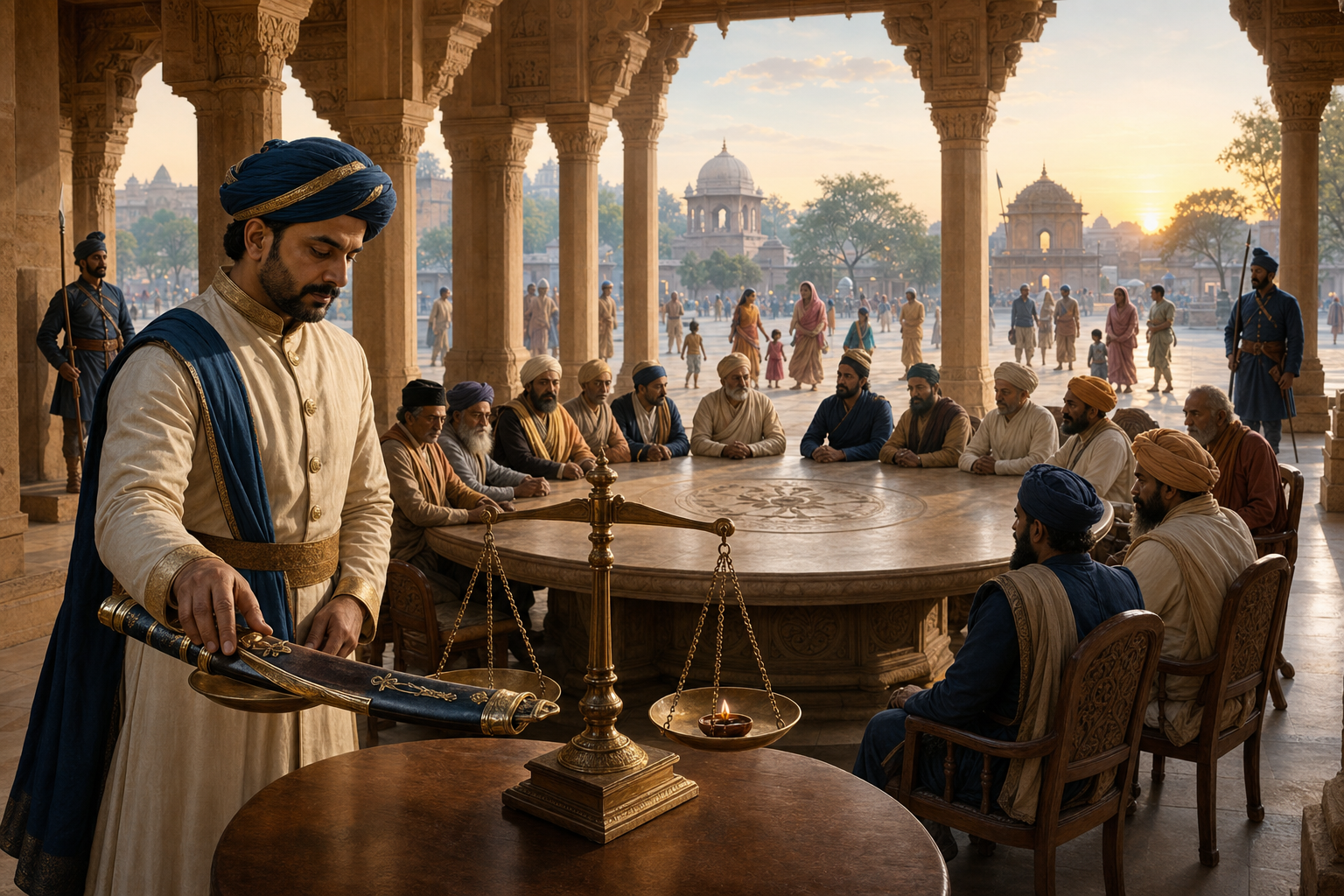 A magistrate places a sheathed sword and a small lamp beside a balance as a civic council and protected families look on.
