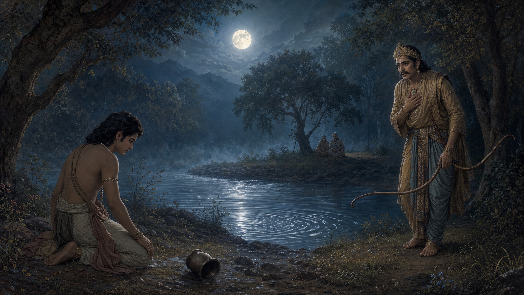 Young Shravana lies beside a fallen water vessel as a remorseful Dasharatha lowers his bow near a moonlit river.