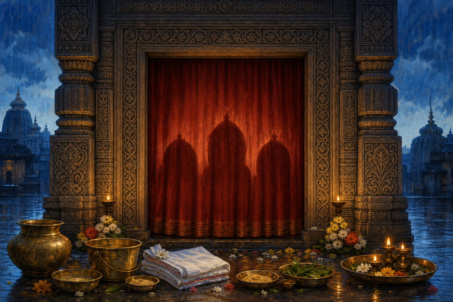 An illustrated closed temple doorway with a red curtain, brass ritual vessels, herbs, flowers, folded cloth, and glowing oil lamps.