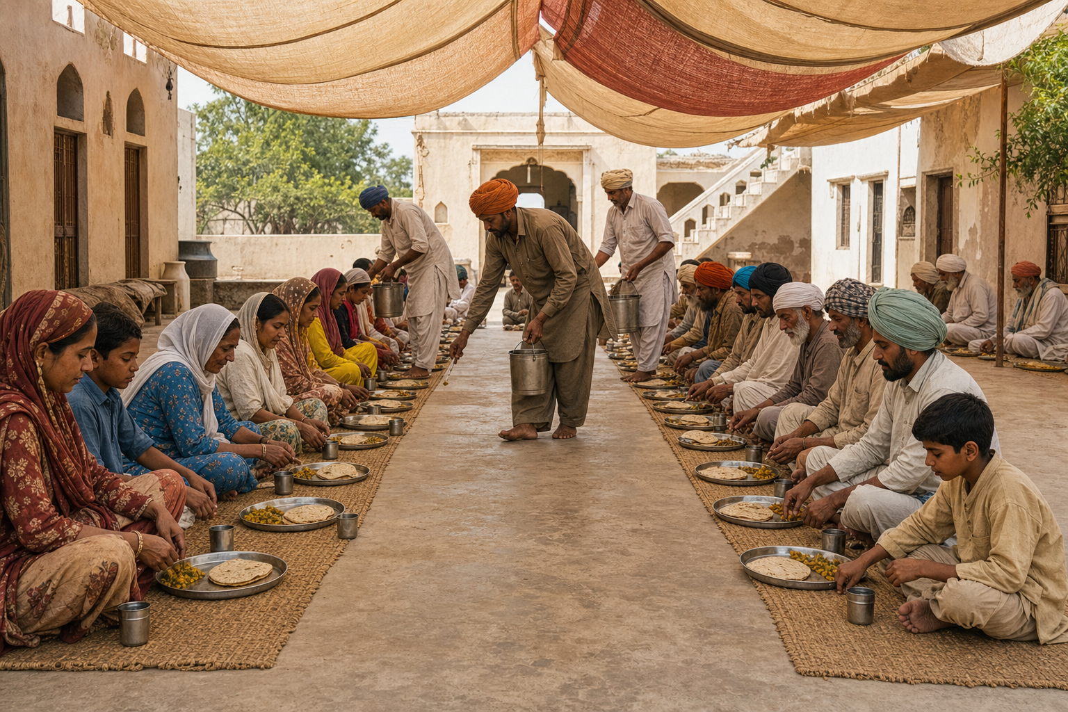 People of different ages and social backgrounds sit in one row on woven mats while volunteers serve them the same communal meal.