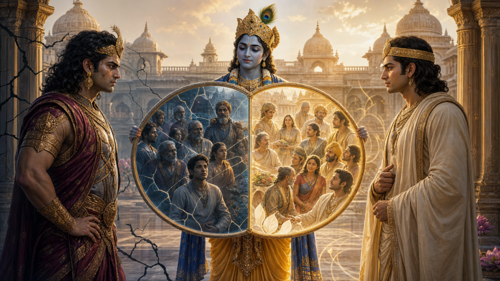 Lord Krishna holds a divided circular mirror between Duryodhana and Yudhishthira in an ancient palace courtyard.