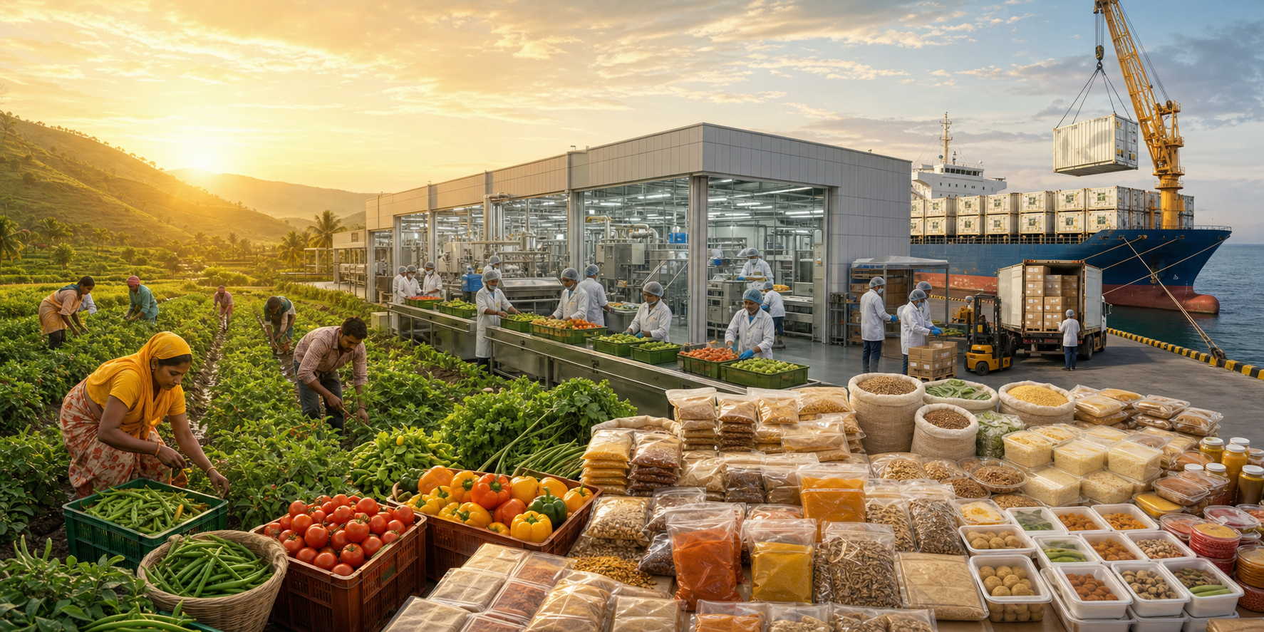 Farmers, a food-processing facility and refrigerated containers at a port illustrate the journey from Indian farms to overseas consumers.