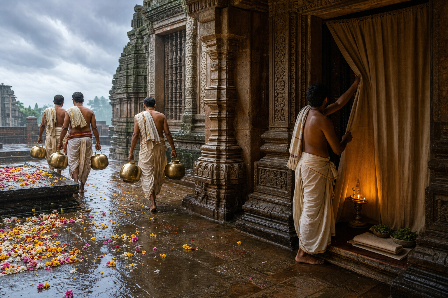 Temple attendants carry brass water pots from a bathing platform as a curtain is drawn across a quiet inner doorway.