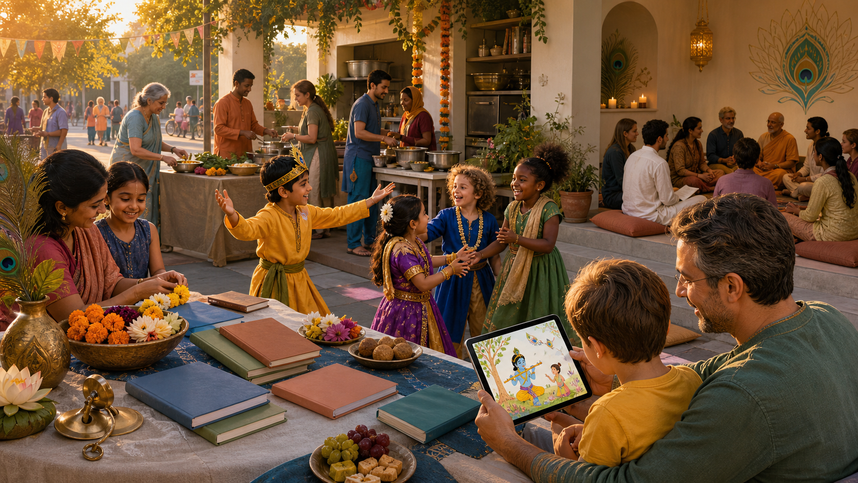 A multigenerational community gathers around devotional books, festival activities, a tablet, vegetarian food and a discussion circle in a Krishna outreach setting.
