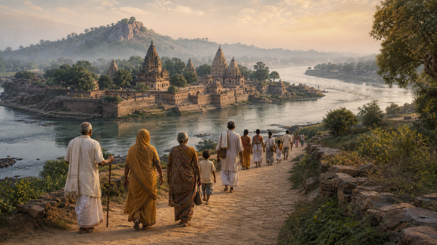 Pilgrims walk beside a river toward an island temple-town with layered enclosures and gateway towers at dawn.