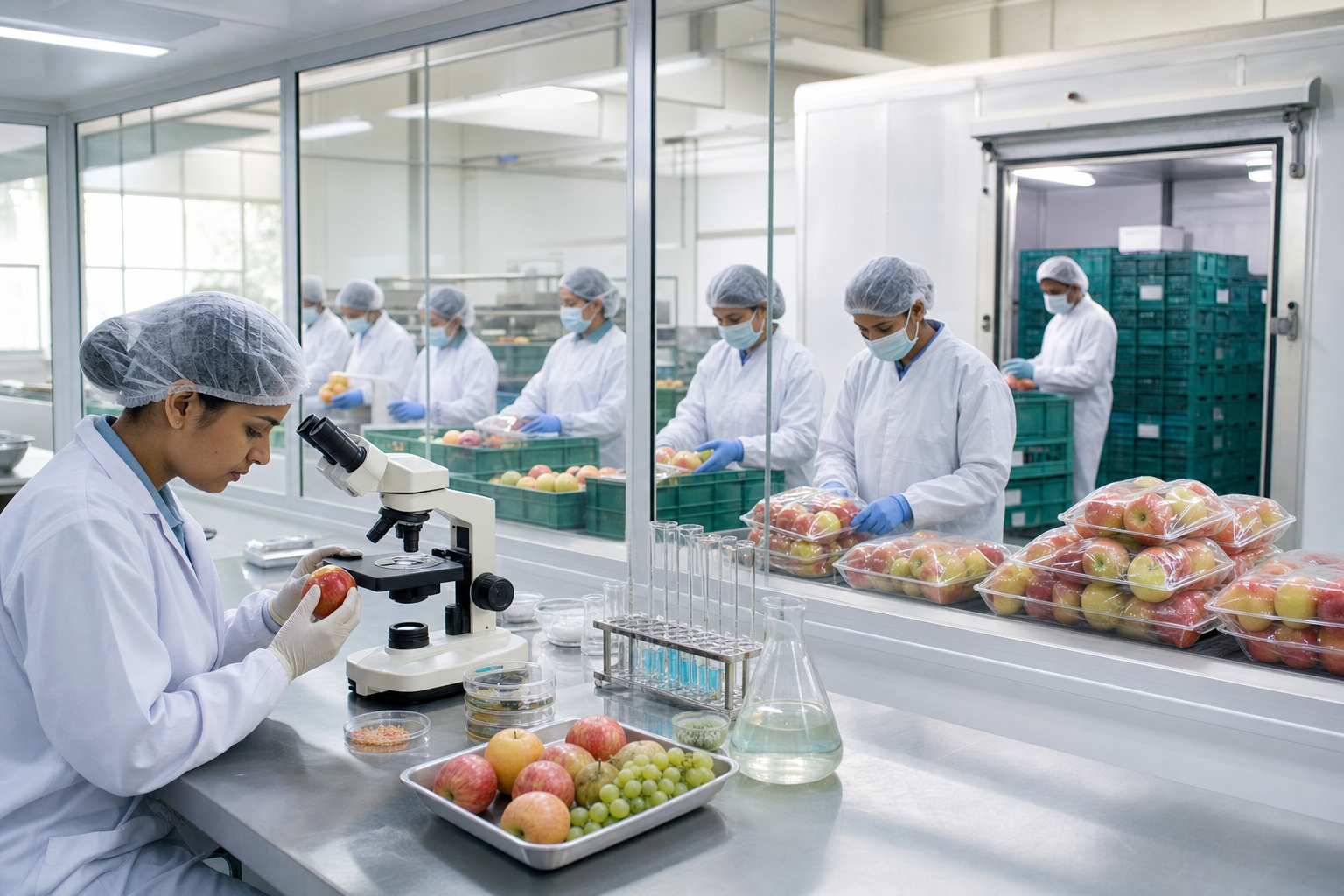 A food scientist tests produce while workers grade and package fruit in a temperature-controlled export facility.