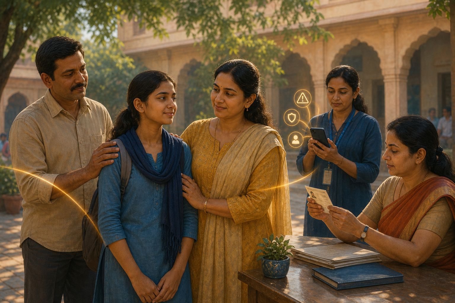 An adult woman and teenage girl stand within layers of support formed by a family member, a safeguarding professional, and an administrator checking identification.