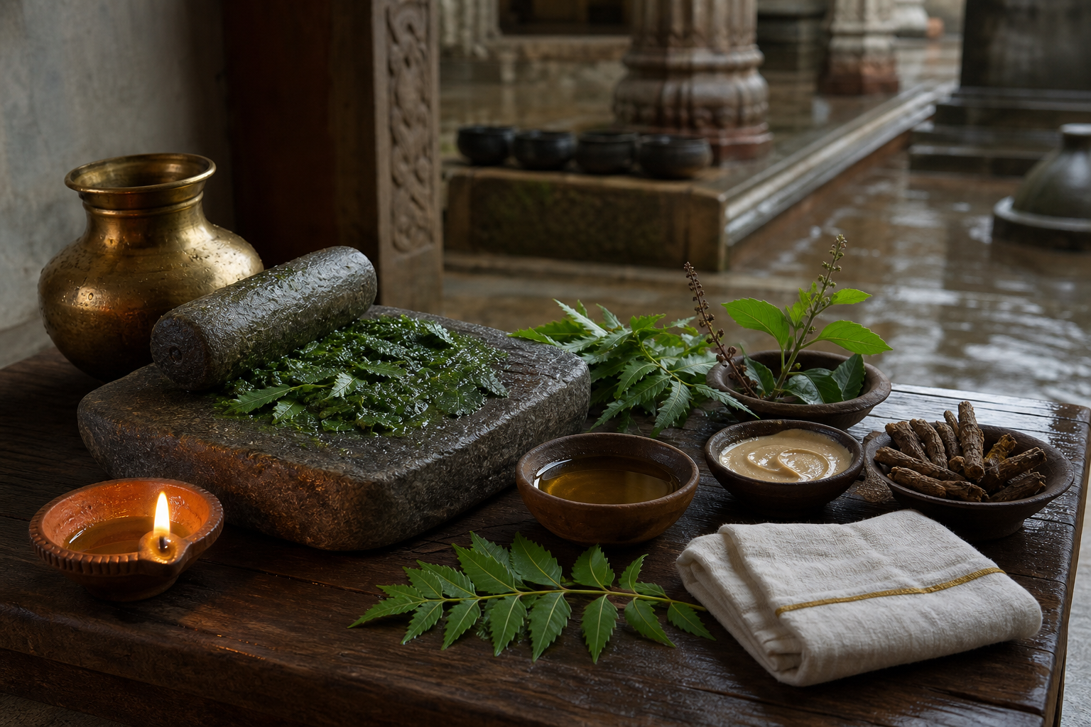 Herbal leaves, roots, oils, sandalwood paste, cotton cloth, a brass vessel, and a clay lamp arranged on a wooden surface.
