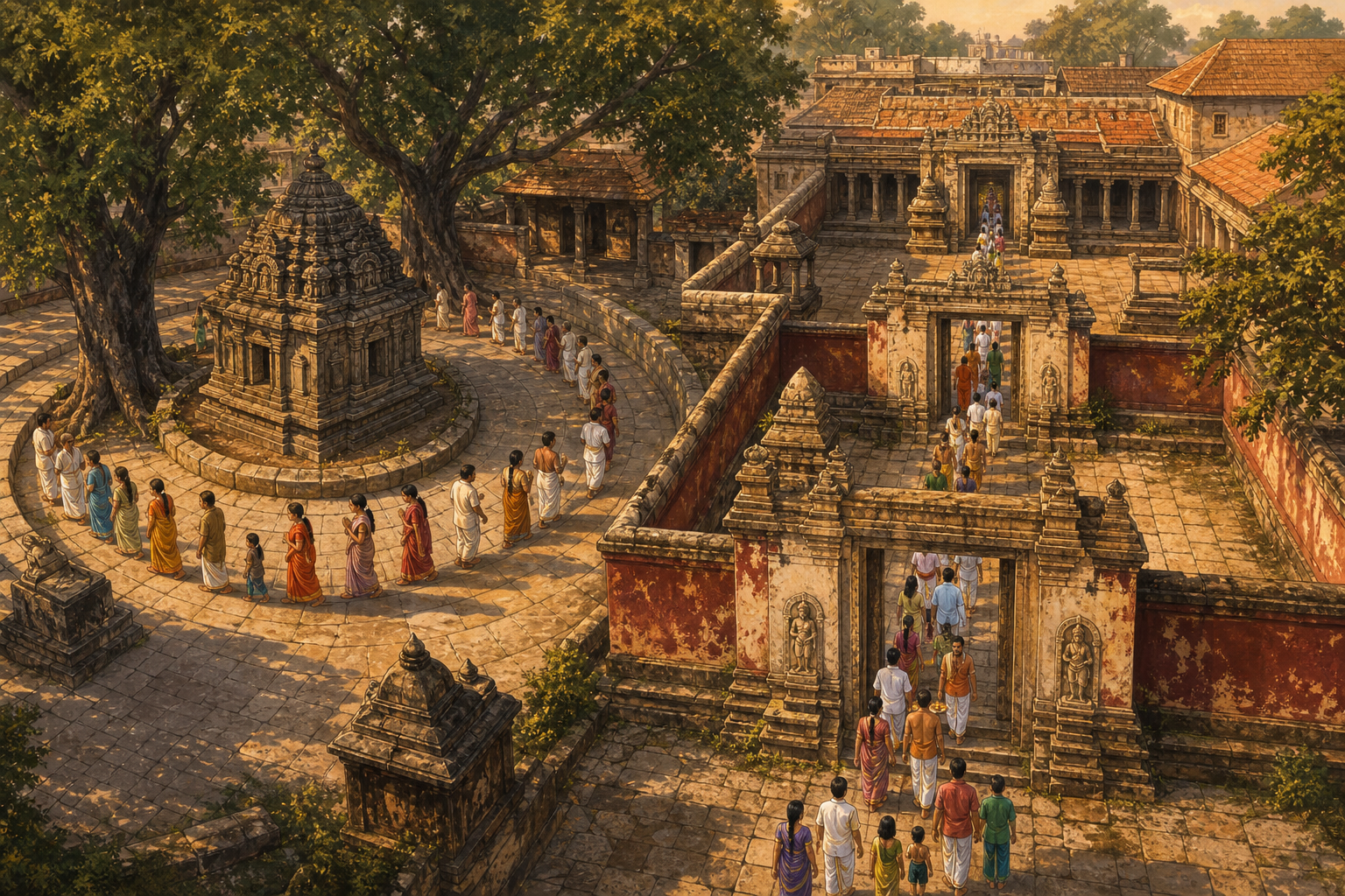 One group of devotees circles a shrine while another moves through successive temple courtyards and gateways.