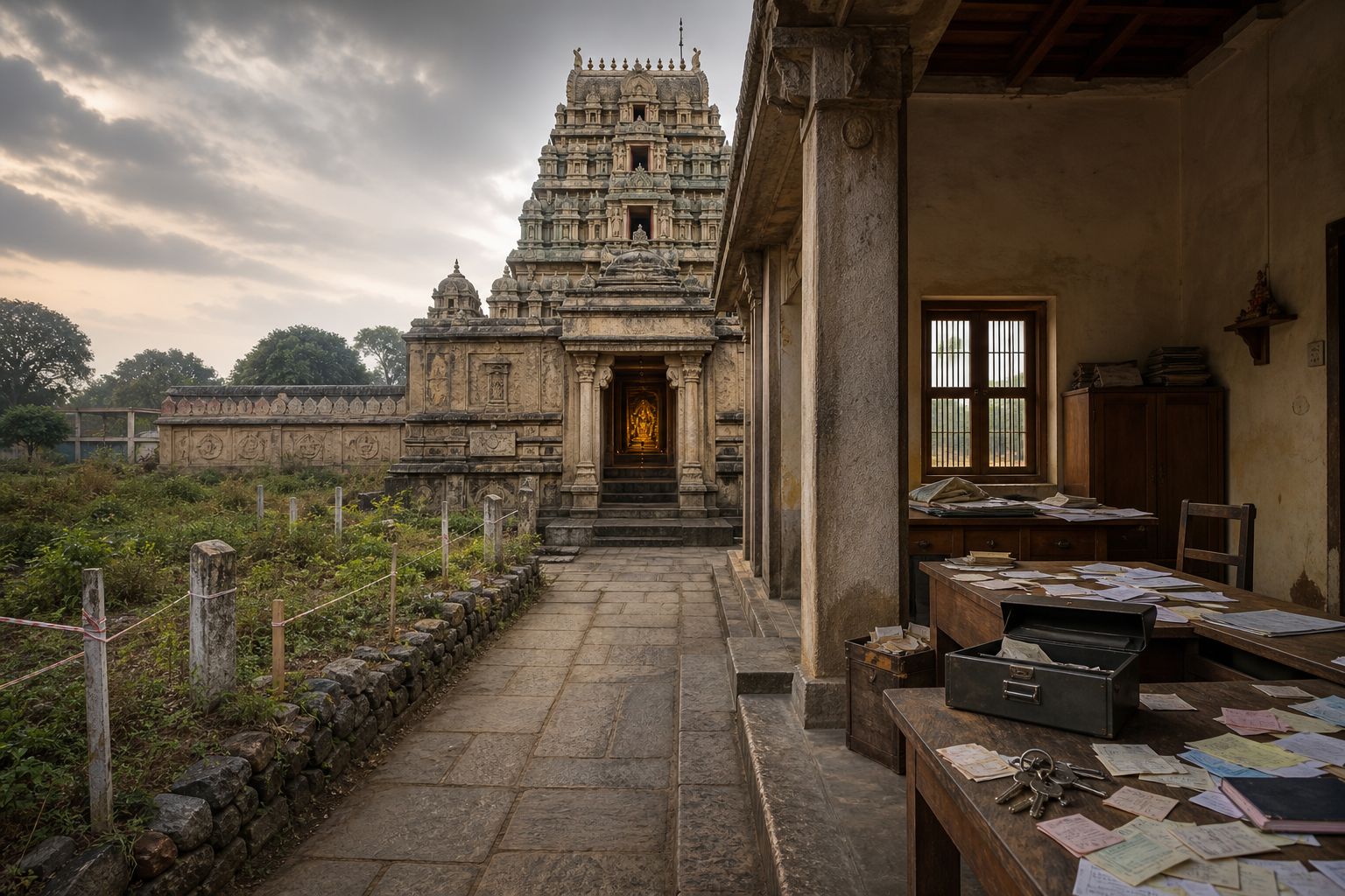 A temple stands between encroaching survey markers outside its wall and disorganized financial records and keys inside an administrative room.