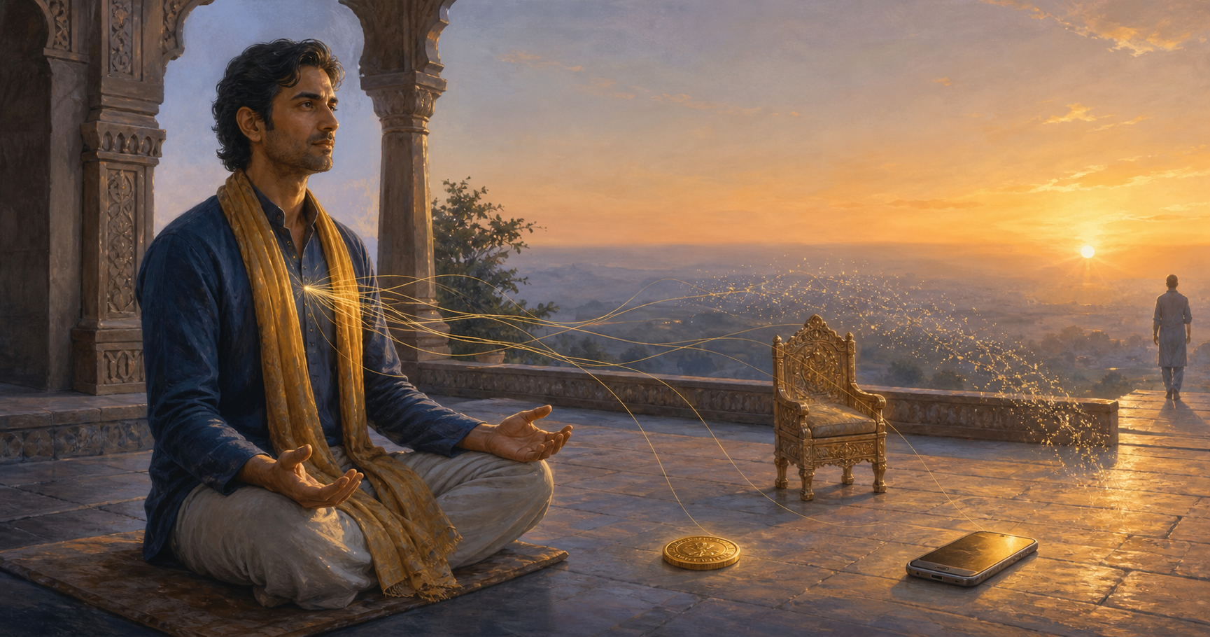 A calm seated person watches translucent cords toward possessions, status, a phone, and another person dissolve in the dawn light.