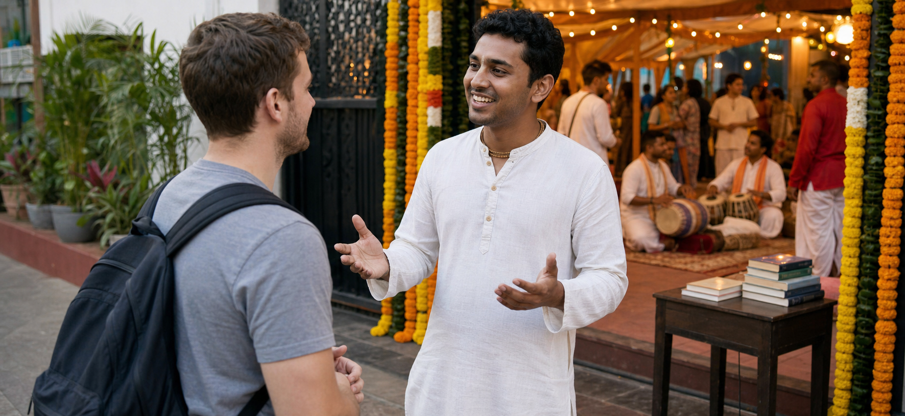 A festival volunteer warmly welcomes a passerby near musicians, flower garlands and a table of unbranded books.