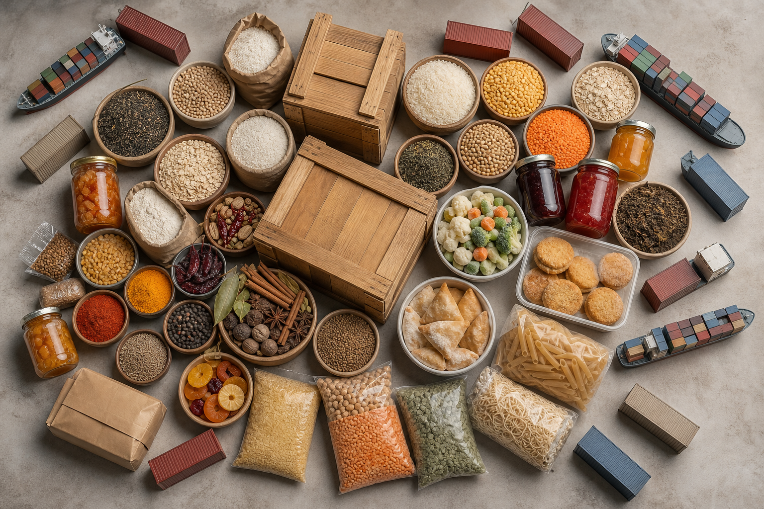 An overhead arrangement of grains, lentils, spices, preserves, frozen vegetables and packaged foods surrounds shipping containers.