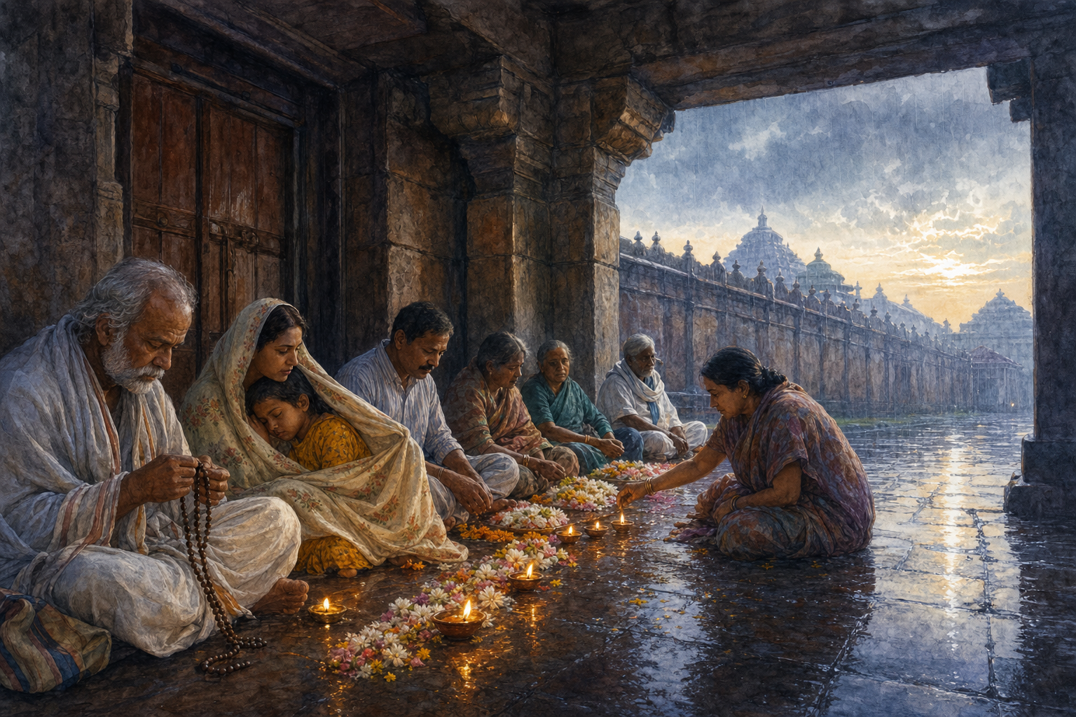 Devotees wait beneath a temple arcade in monsoon rain beside flower offerings and glowing oil lamps.