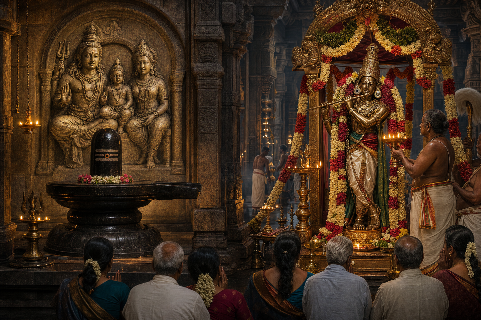 A Shiva linga with a Somaskanda family relief behind it shares a Tamil temple setting with a garlanded Rajagopala Krishna image wearing unequal earrings during worship.