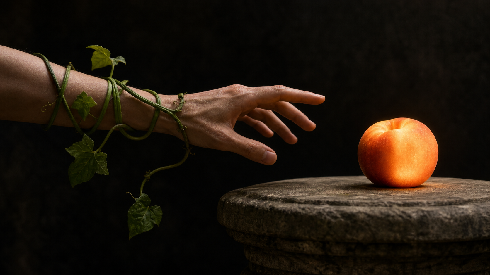 A hand reaches toward a glowing fruit while a tightening green vine coils around the wrist.
