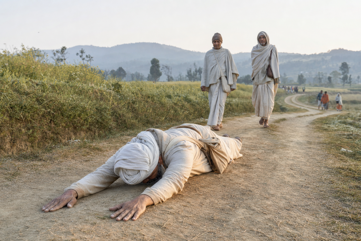 A pilgrim makes a full-body prostration on an earthen path as companions and other walkers continue nearby.