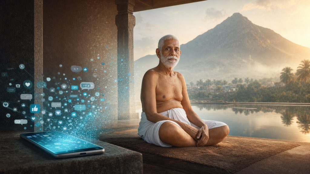 Digital illustration of Ramana Maharshi meditating near Arunachala as smartphone notifications dissolve into light
