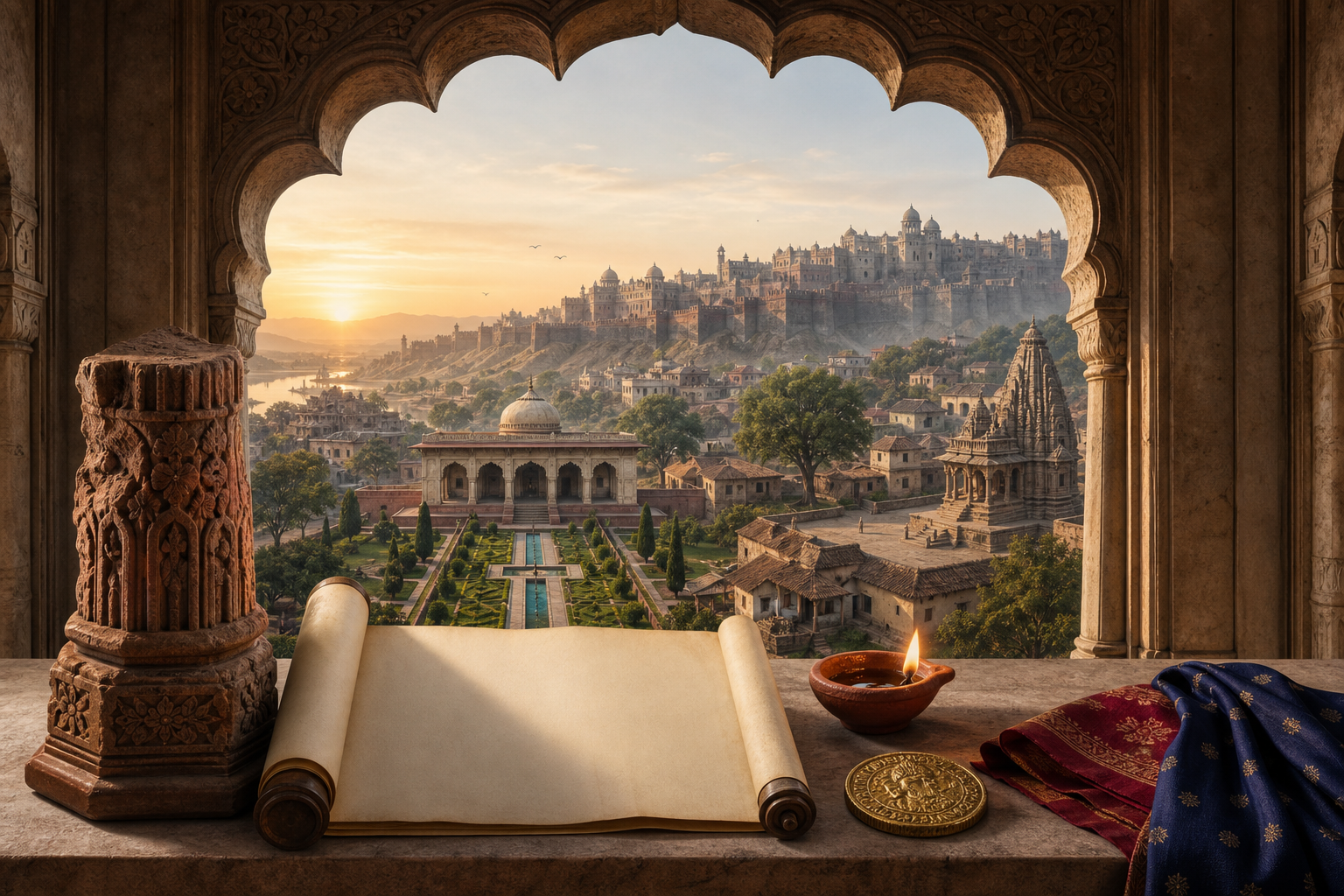An illustrated Mughal-era arch frames a palace garden, temple courtyard, village, and fortified city, with historical objects arranged on a table in the foreground.