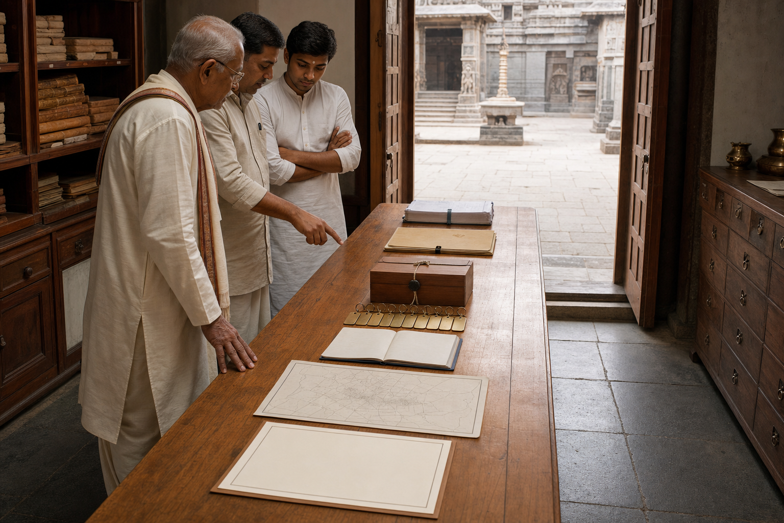 Three stewards review property documents, keys, an inventory book, and financial records arranged in sequence inside a temple office.