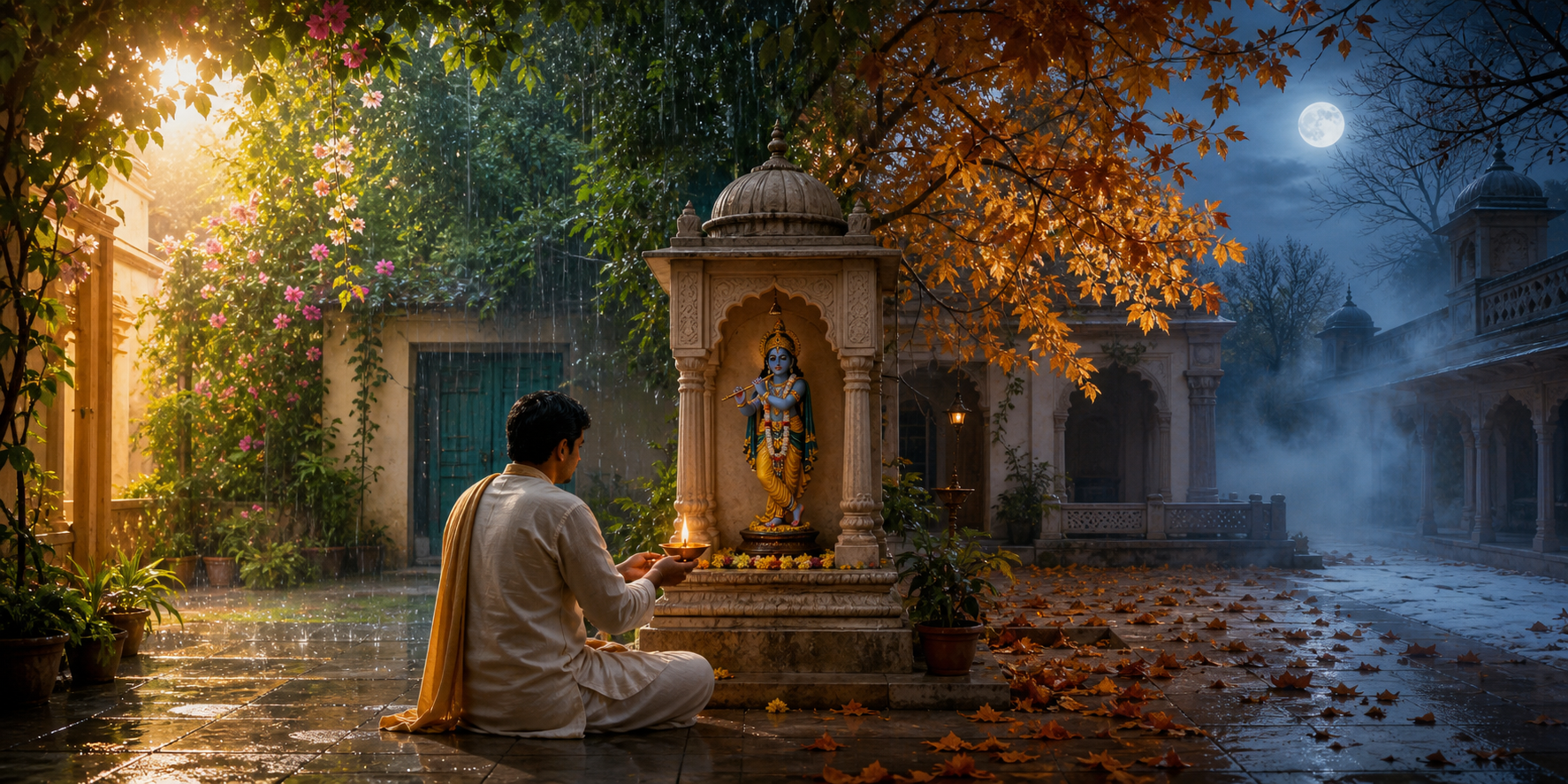 A devotee offers a lamp at a small Krishna shrine while four kinds of seasonal weather surround the courtyard.