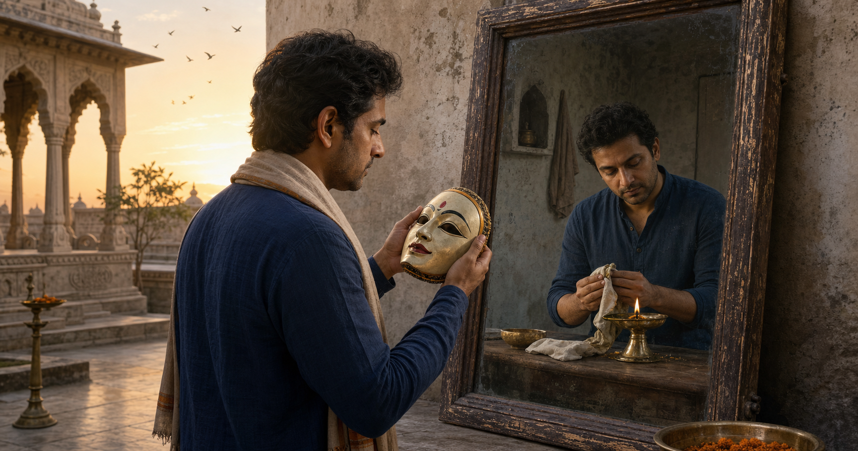 A person in a stone courtyard sets down a ceremonial mask and looks into a mirror that reflects them cleaning a small oil lamp.