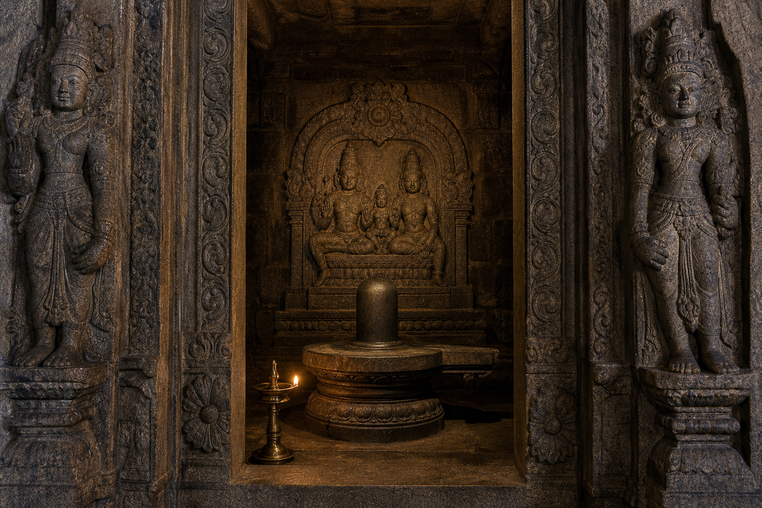 A Shiva linga stands on the central axis of a stone sanctum with a carved Somaskanda panel of Shiva, Uma, and Skanda on the wall behind it.