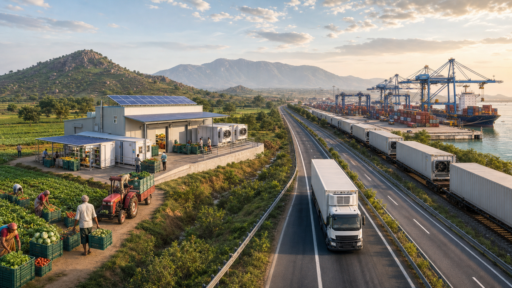 A rural collection hub, refrigerated truck, freight train and seaport form a connected food export corridor.