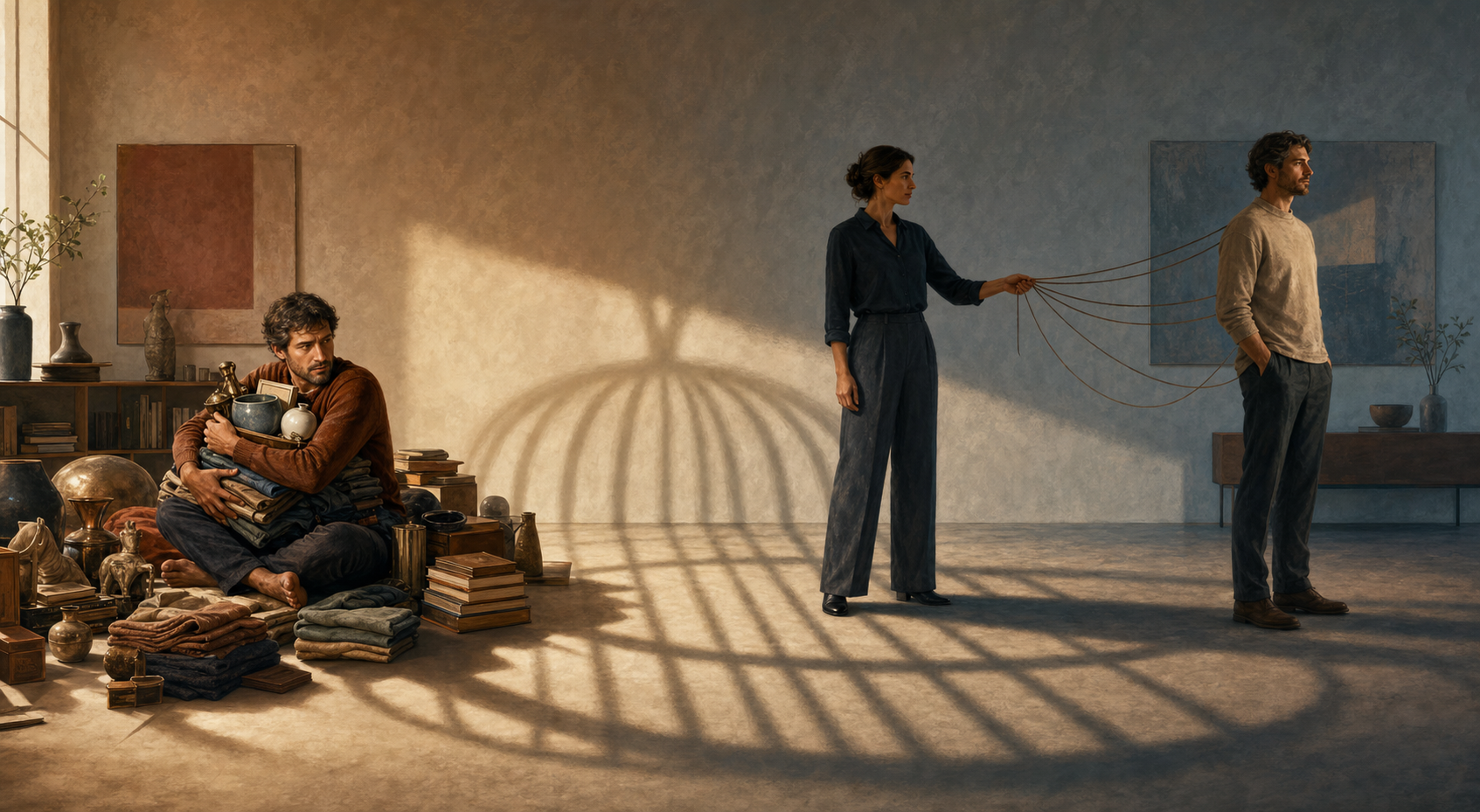 Two scenes show a person clutching possessions and another holding cords toward a companion, with both casting cage-shaped shadows.