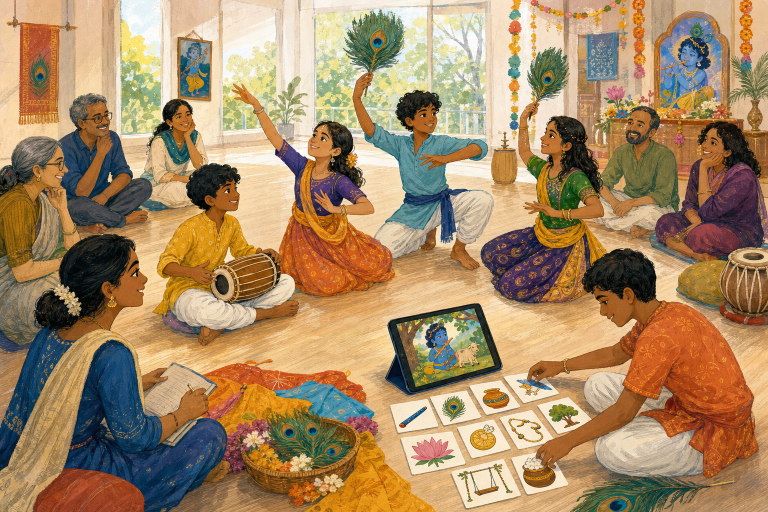 Children and teenagers participate in music, theatre and a tablet-based illustrated activity in a bright community hall.