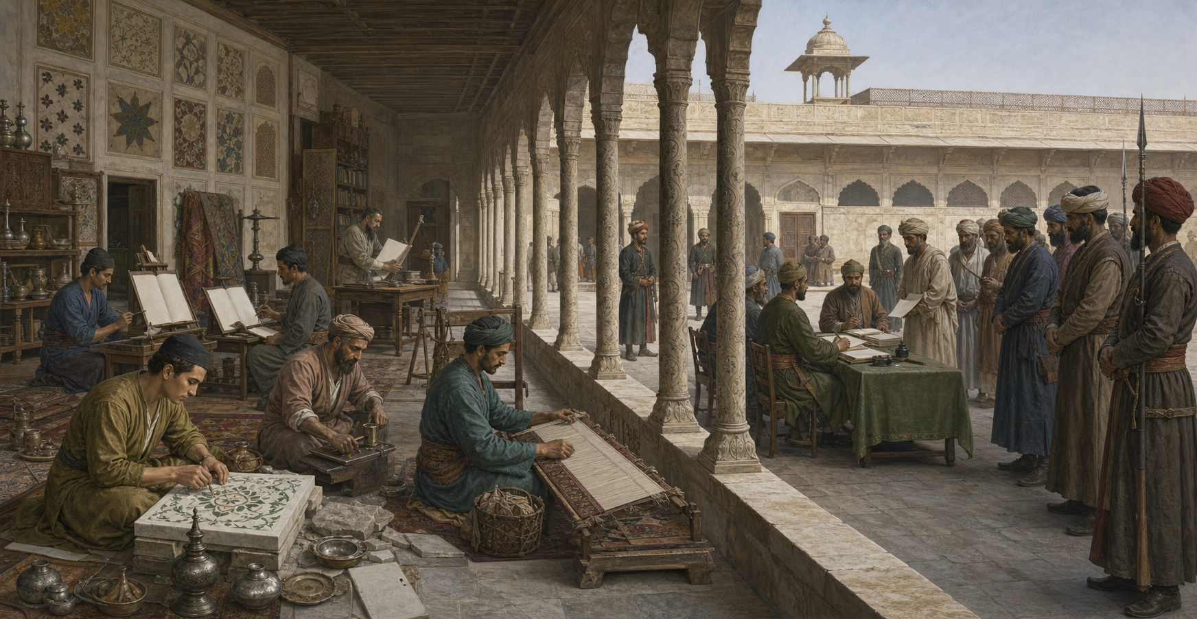 Artisans work in an imperial courtyard while petitioners, officials, and armed guards occupy the adjoining administrative space.