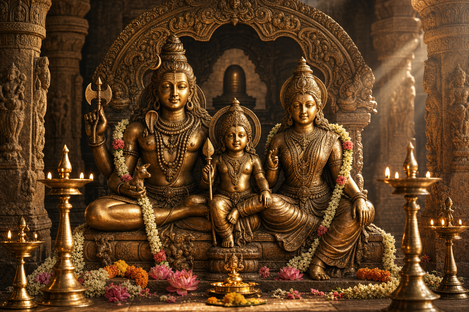 Somaskanda Murti with Shiva, Parvati and young Skanda in a lamp-lit Dravidian temple sanctum