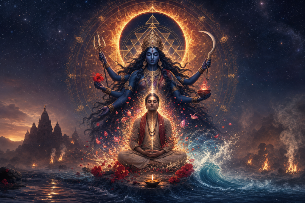 Meditating practitioner before cosmic Kali-Shakti, framed by a glowing Sri Chakra, fire, ocean waves, hibiscus and stars.