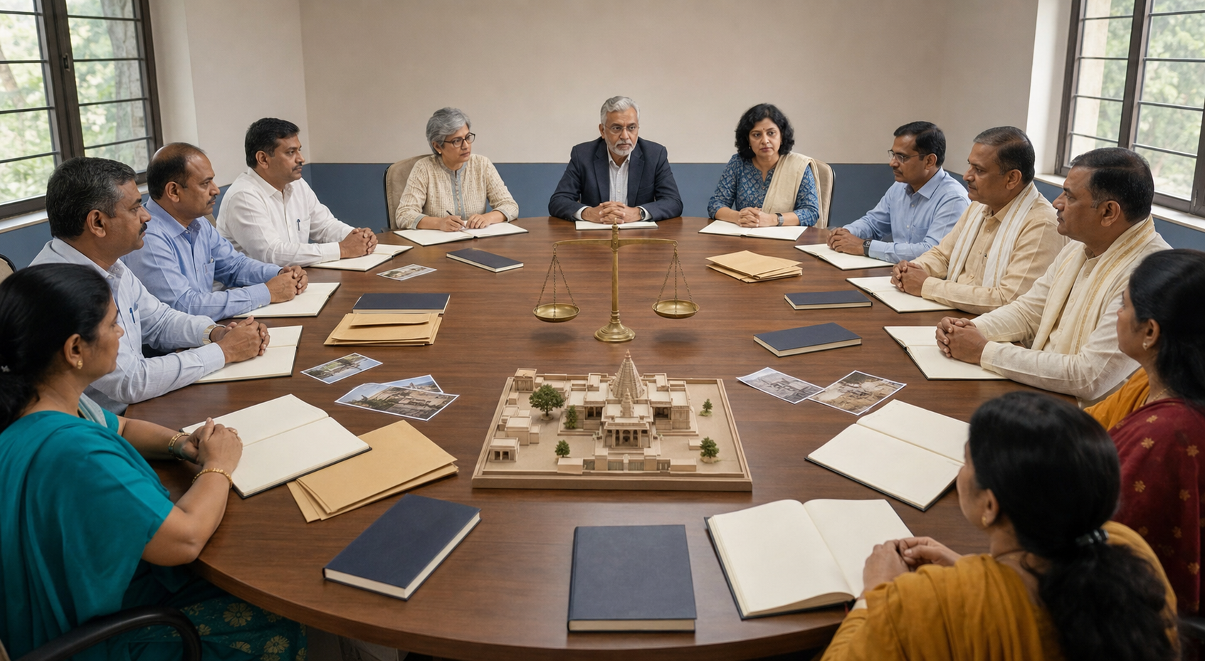 An independent panel reviews documents, evidence envelopes, photographs, and a temple site model while administrators and community representatives sit at equal distance.