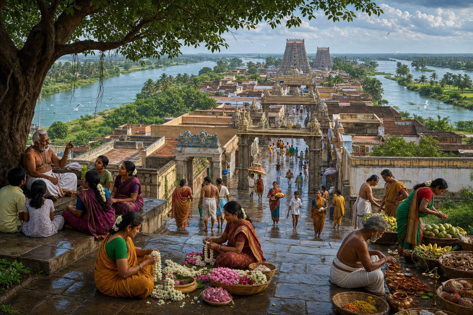 Residents, pilgrims and vendors gather on a temple street while river channels and green banks surround the town in the distance.