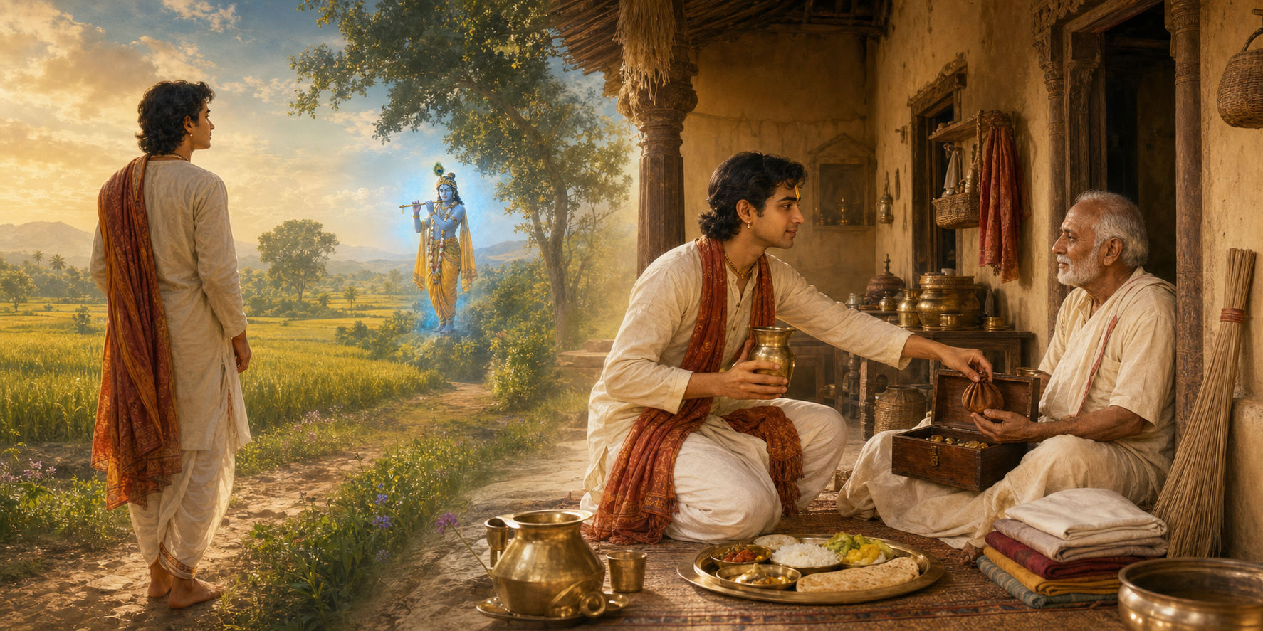 Two connected scenes show a devotee contemplating Krishna and then serving family while handling household and ethical responsibilities.