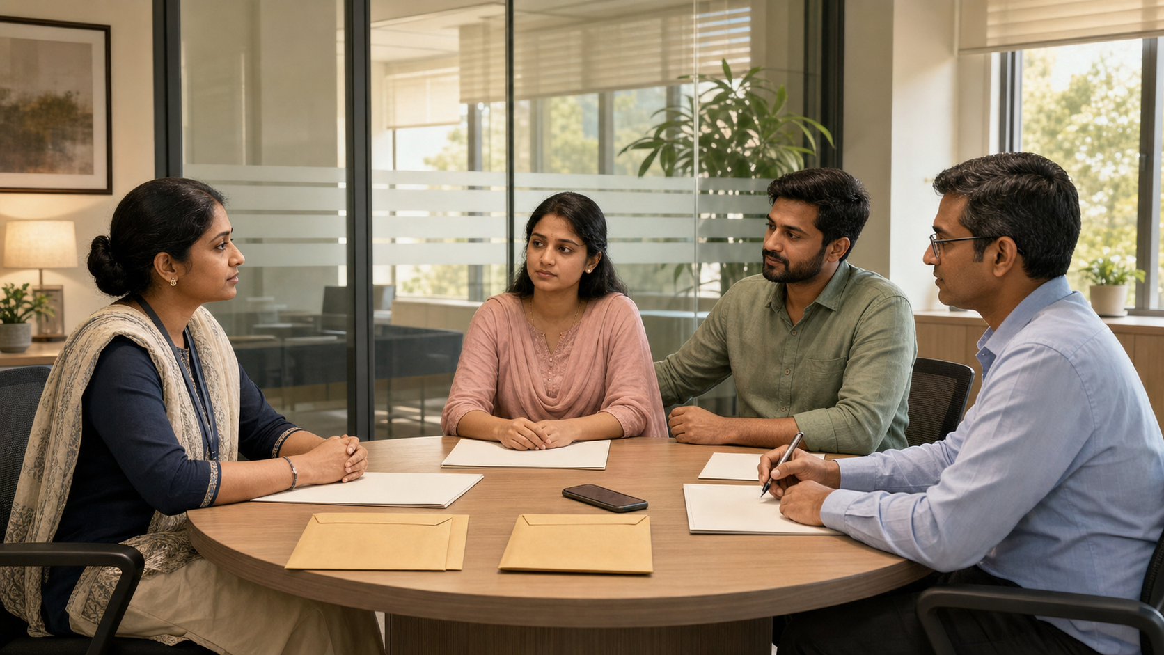 A woman, support person, safeguarding officer, and investigator meet around a table with carefully secured evidence.