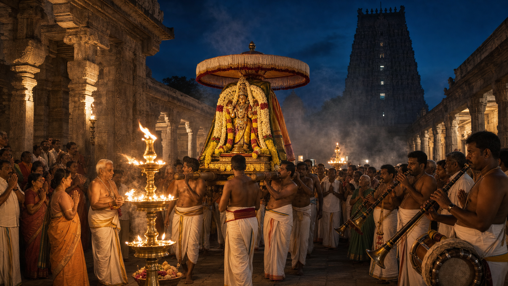 Priests and devotees accompany a flower-covered bronze temple image carried by lamplight through a Tamil temple courtyard.