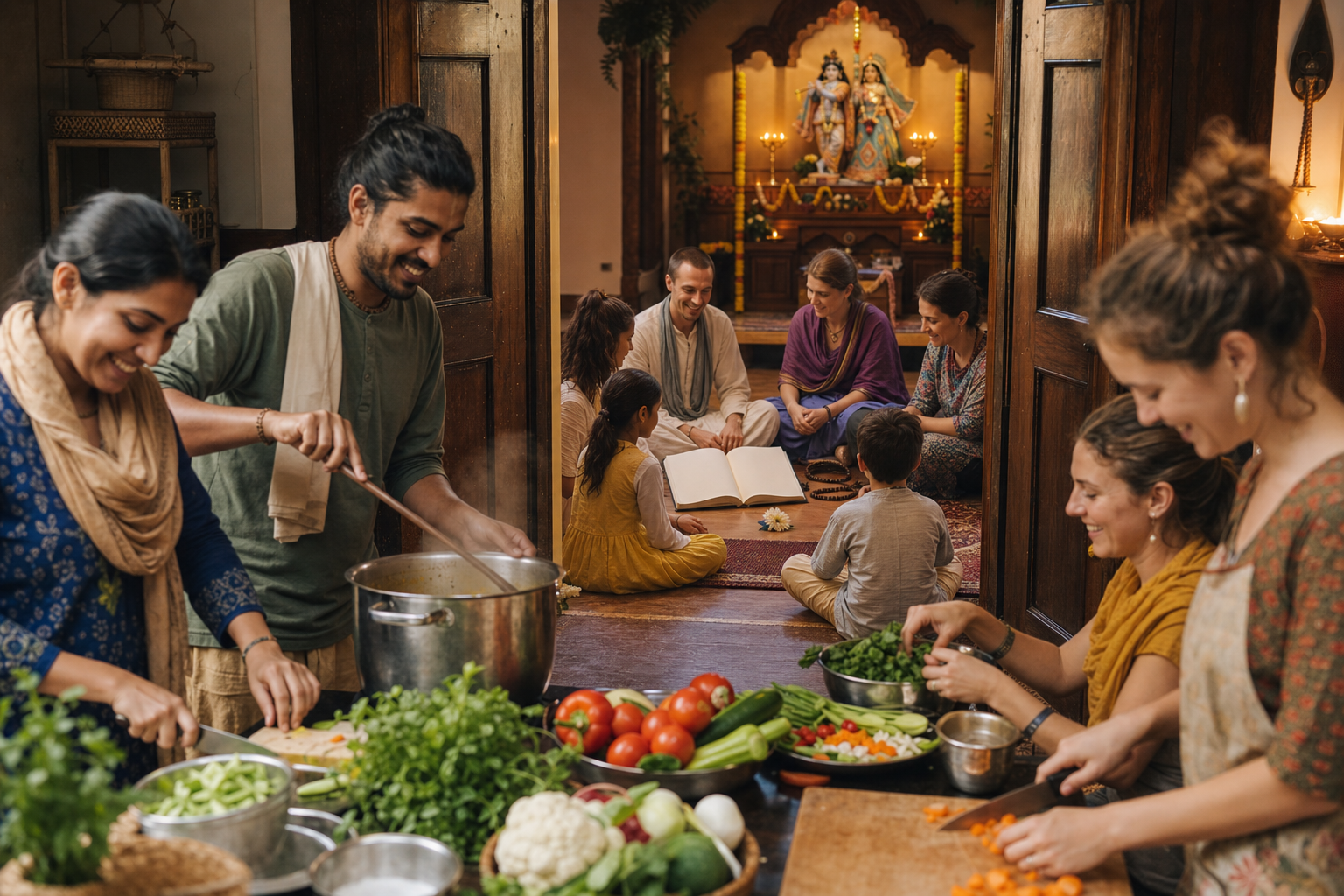 People prepare a vegetarian meal while a nearby group gathers around a scripture in a softly lit devotional center.