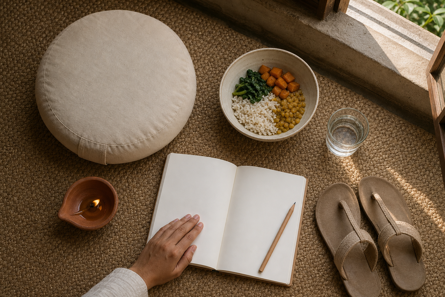 A meditation cushion, blank journal, simple meal, sandals, lamp, and water are arranged on a woven mat in morning light.
