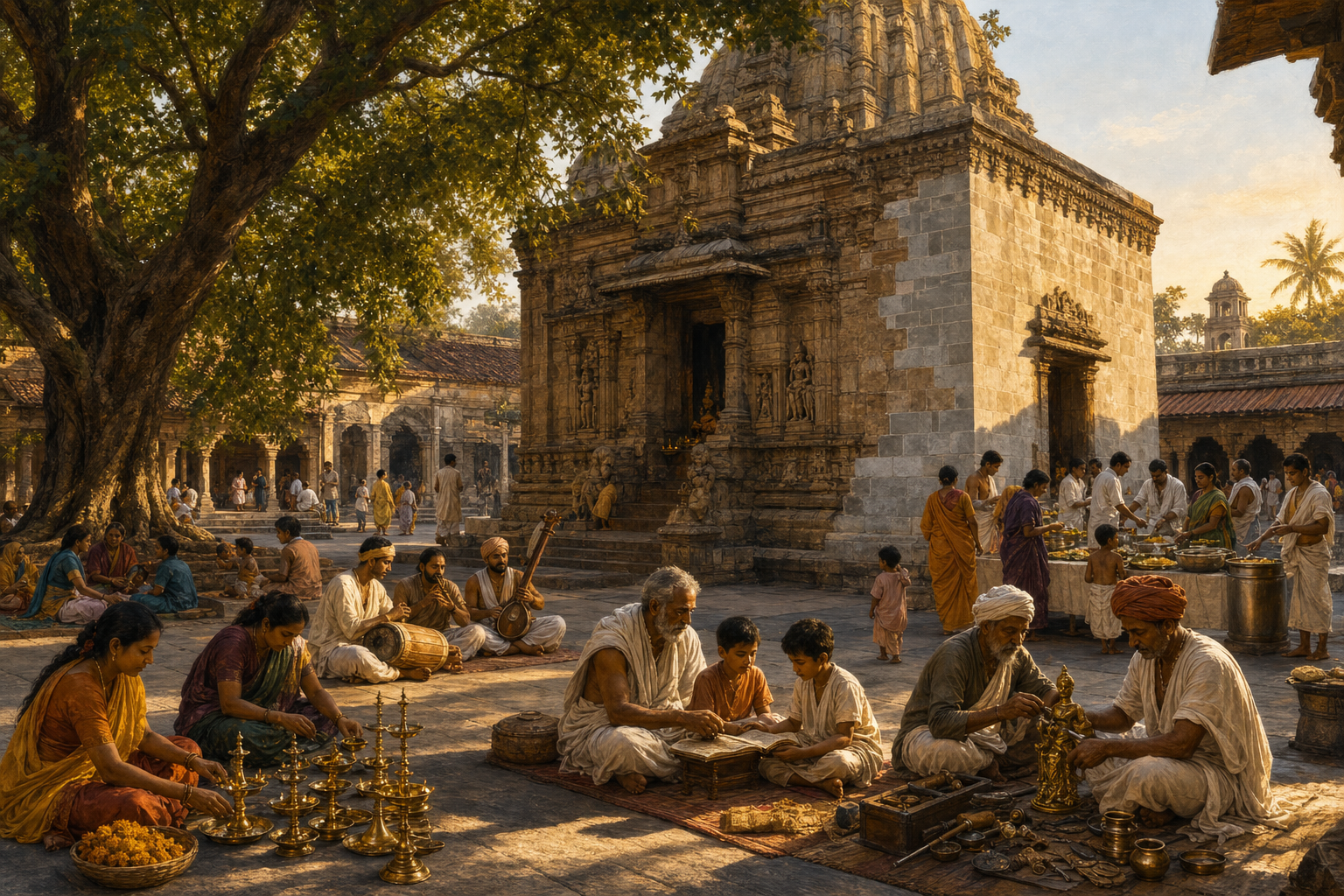 People learn, make music, prepare food, repair objects, and light lamps in a historic temple courtyard.