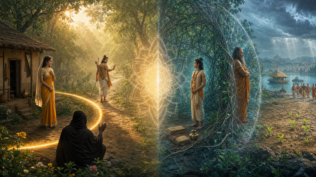 Sita beside the glowing Lakshmana Rekha and Rishyasringa within Vibhandaka’s branch-woven enclosure, joined by a radiant mandala threshold.