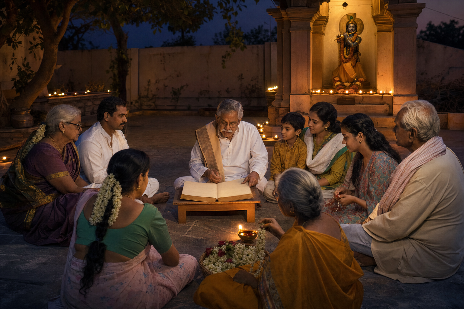 Families and elders gather at twilight to hear a sacred manuscript read in a lamp-lit temple courtyard.