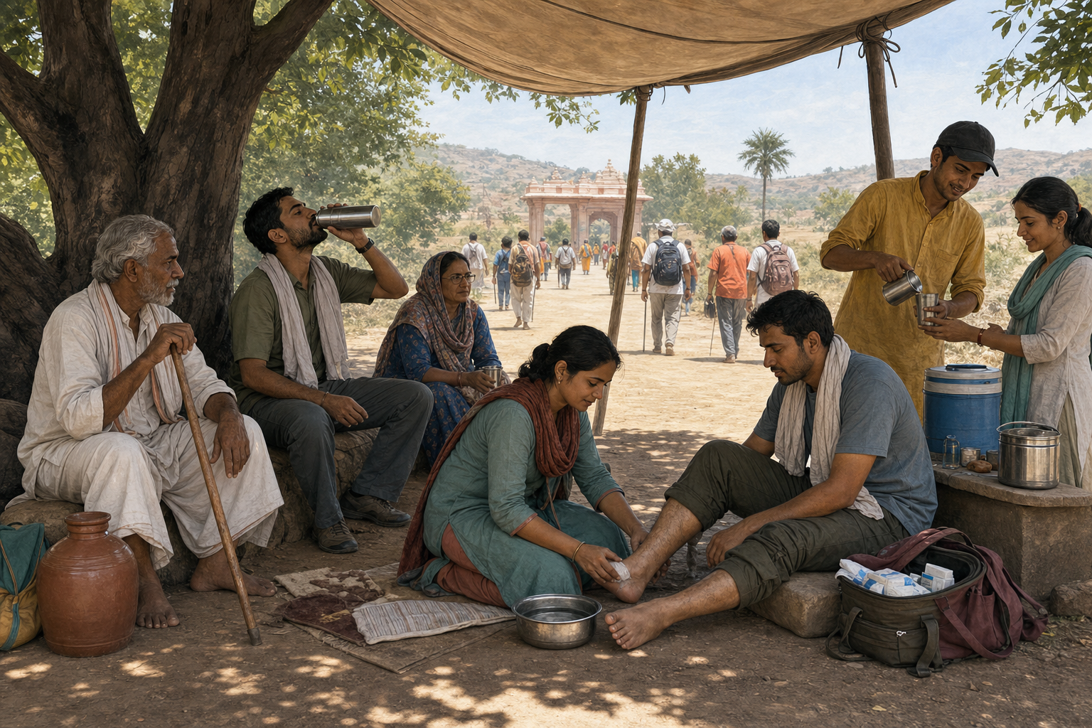 Pilgrims rest in the shade, drink water and receive practical assistance beside a route leading toward a temple gateway.