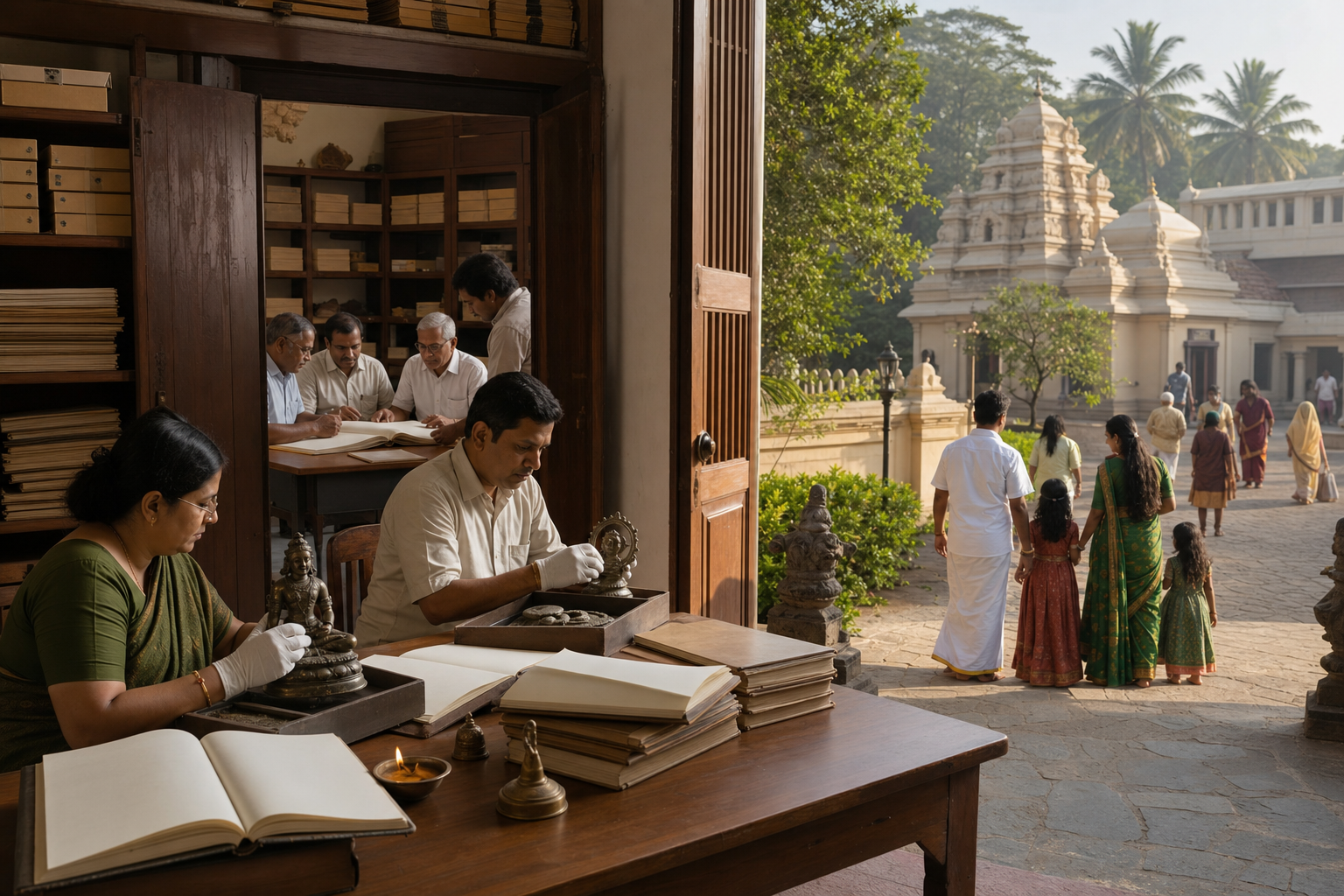 Volunteers, trustees, and visiting families share a well-maintained temple precinct with an orderly records room visible near the courtyard.